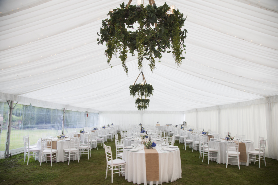 Silk-lined marquee interior prepared for an event