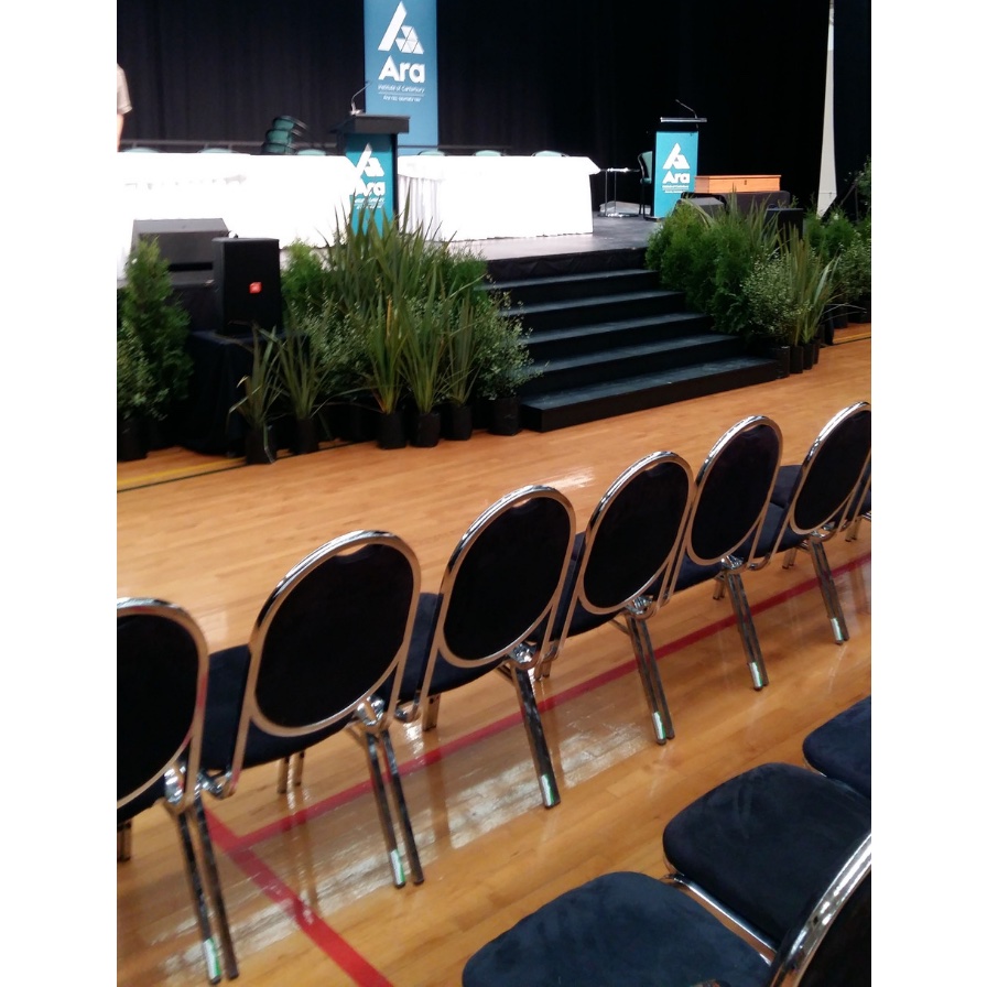 Black padded chairs arranged in an event venue