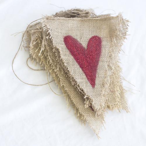 Hessian Bunting with Red Painted Hearts